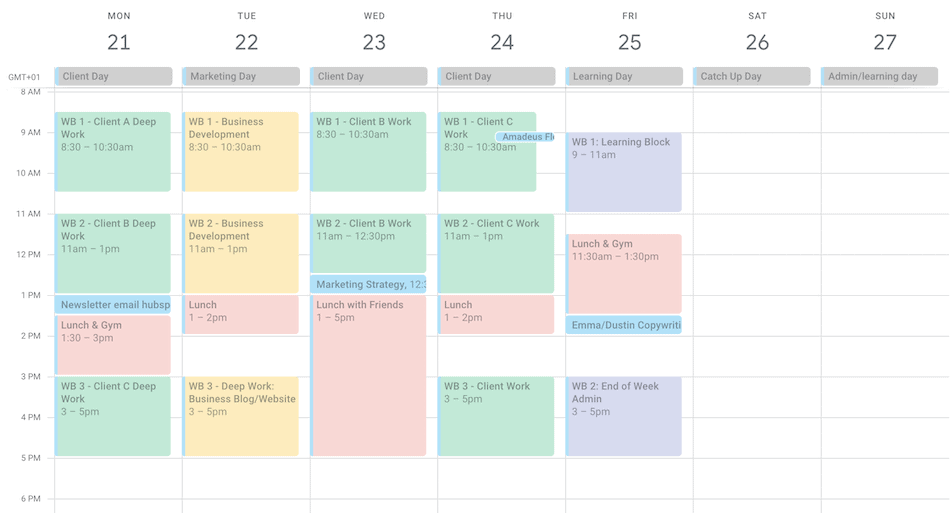 time blocked calendar with theme days