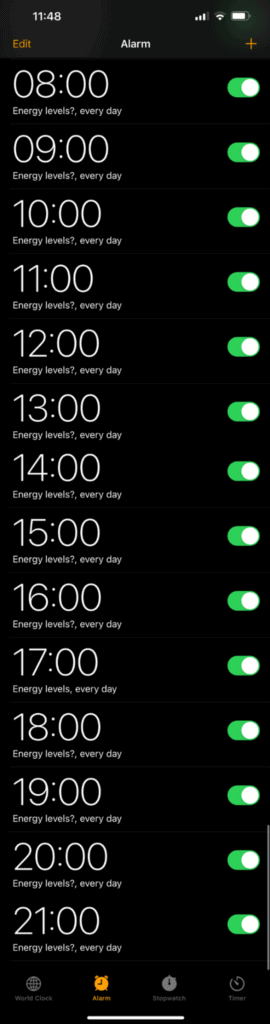 what my alarms looked like when I did the biological prime time 3-week experiment