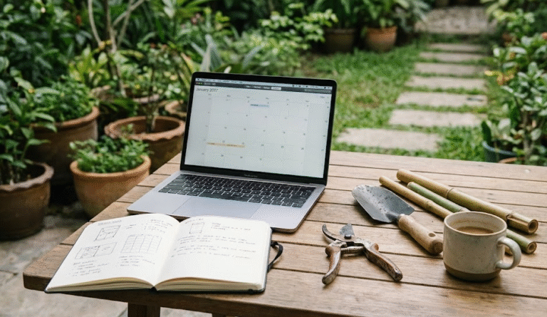 Laptop, notebook, and gardening tools on a table, representing business planning for a landscaping company.