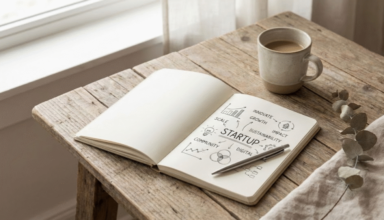 Notebook with startup business plan diagram on a wooden table