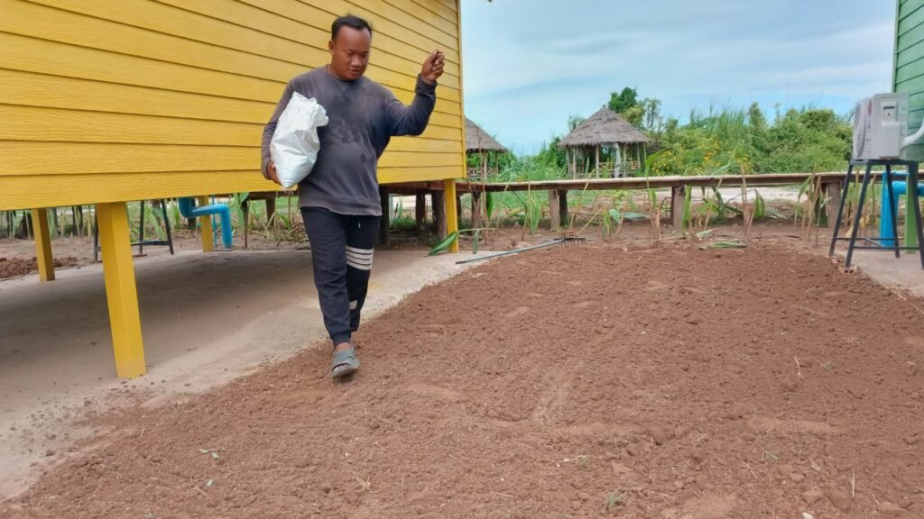 Gardener spreading fertilizer and seeds by hand near a yellow wooden house.