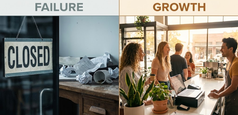 7 Expensive Mistakes I Made When Starting a Business (So You Don’t Have To) Split-screen image showing a closed, messy business on the left representing 'Failure' and a bright, successful cafe with happy customers on the right representing 'Growth