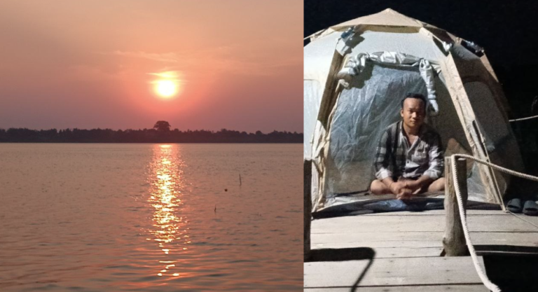 Entrepreneur sitting alone in a tent at Dream Garden at night, reflecting on business failure and leadership lessons.