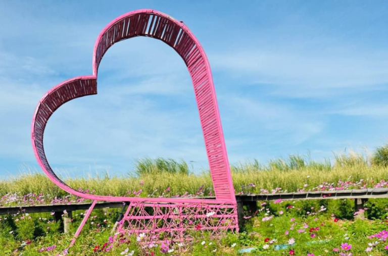 How We Built a Giant Pink Heart for Our Garden (For Just $60!) Giant DIY pink bamboo heart sculpture standing in a flower field at Dream Garden