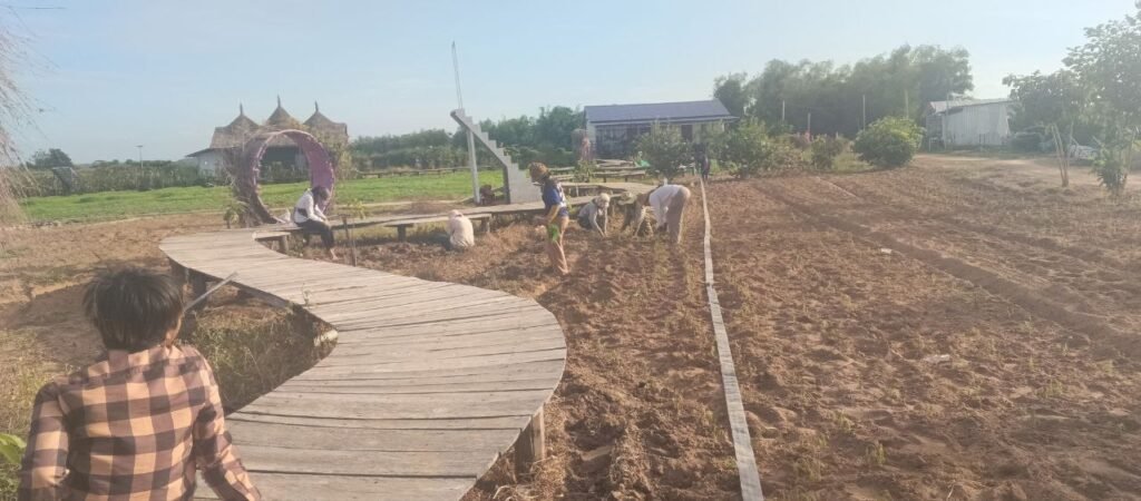Team members planting flower seeds alongside a curved wooden walkway at Dream Garden.