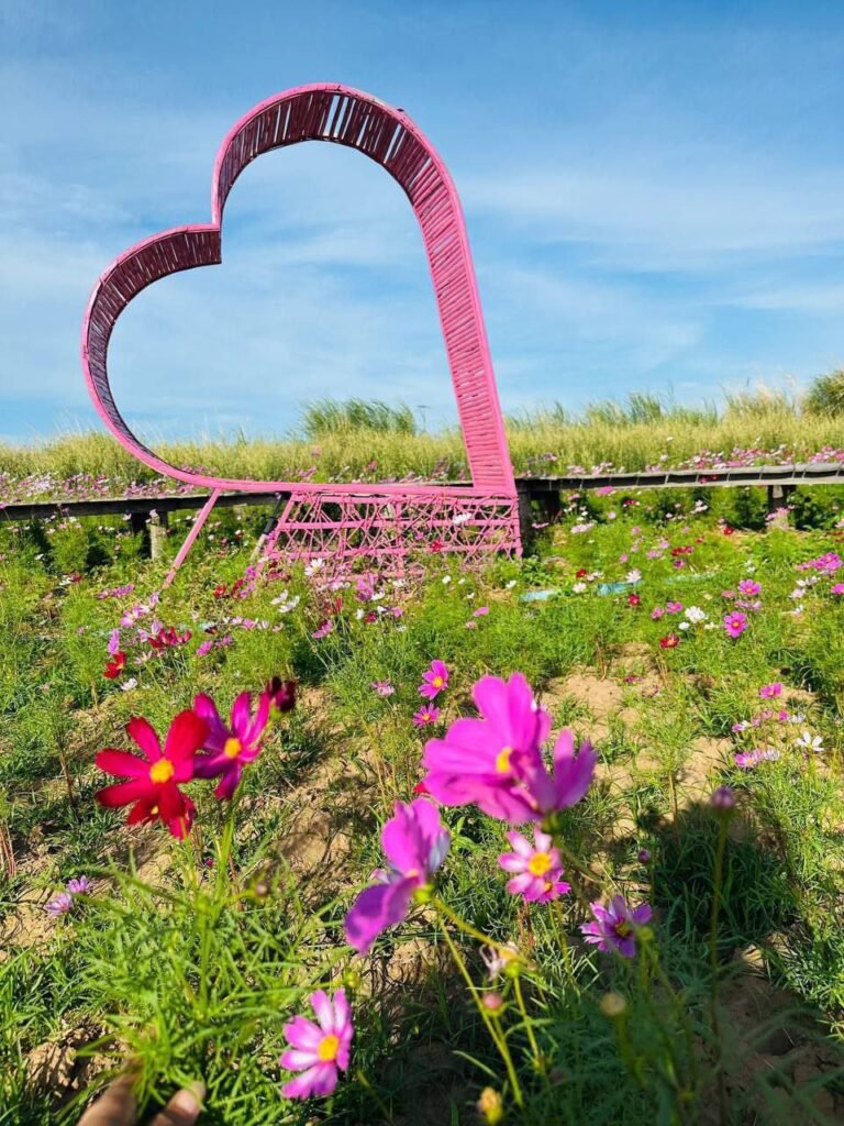 A large bright pink heart sculpture made of bamboo standing in a flower garden against a blue sky.